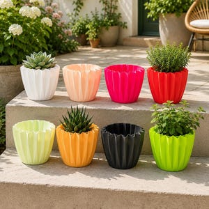 Può includere: Una collezione di otto piccoli vasi per piante plissettati in vari colori, tra cui bianco, pesca, rosa acceso, rosso, giallo chiaro, arancione, nero e verde lime. Alcuni vasi contengono piccole piante succulente o verdi, altri sono vuoti.