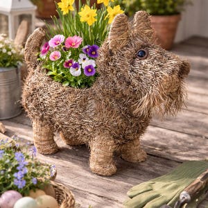 Handgjord planteringshund gjord av naturligt gräs, trädgårdsdekorationshund (planterbar), hållbar trädgårdsdekoration, dörrdekoration för vår och sommar - presentidé