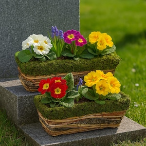 Könnte beinhalten: Zwei mit Moos ausgekleidete Körbe gefüllt mit bunten Blumen, darunter weiße, lila, rote und gelbe Primeln. Die Körbe stehen auf einer grauen Steinoberfläche, mit einem verschwommenen grünen Hintergrund.