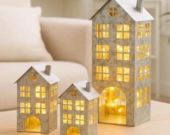 Metal Lantern House, Silver, Christmas Decoration, Table Decoration, Metal House for String Lights or Candle - Gift Idea - 3 Sizes to Choose From