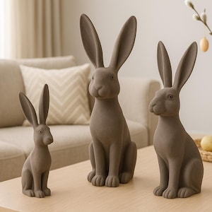 Paashaas, grijze fluwelen decoratieve figuur, konijn in natuurlijke stijl, verkrijgbaar in drie maten, lentedecoratie, landelijke stijl - ideaal paascadeau