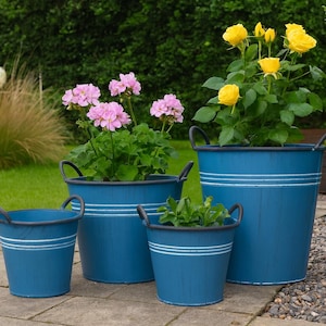 Metal flowerpot, blue - zinc bucket with handles - vintage planter - metal pot for garden and indoors - rustic decoration - 3 sizes