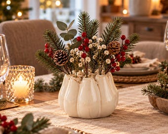 Vaso in ceramica bianca con fori per fiori secchi e freschi – Piccolo vaso per fiori per decorazione da tavola – Vaso decorativo moderno – Idea regalo
