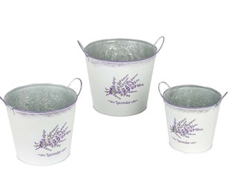 Metal zinc flower bucket lavender design, flower pot with bow handle green-antique, set of 3