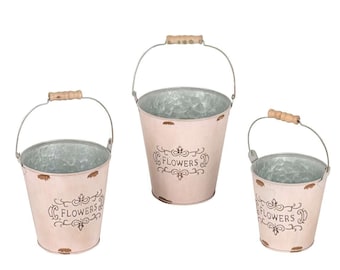 Set of 3 metal-zinc flower buckets in pink-antique with handle - decorative flower pots made of zinc