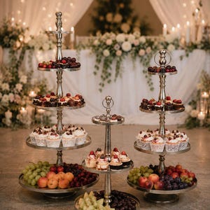 Peut inclure: Présentoirs à étages argentés garnis d'un assortiment de desserts et de fruits frais. Les présentoirs présentent des cupcakes, des pâtisseries, des raisins et d'autres fruits, créant une présentation attrayante pour un événement spécial.