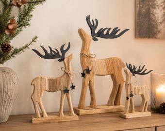 Holz Rentier Weihnachtsdeko, Hirsch Deko aus Naturholz – Winterdeko, Weihnachtsfigur - Geschenkidee Weihnachten - 3 Größen