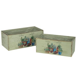 Pflanzkiste Holz – Pflanzbox 2er Set - Holzkiste Kräutermotiv, grün-antik - für Garten & Balkon