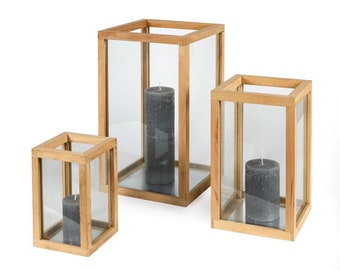 Holzlaterne mit Glas, Windlichter, Kerzenhalter, 3er Set