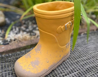 flower pot, planter, rubber boots, flower bed, garden decoration,