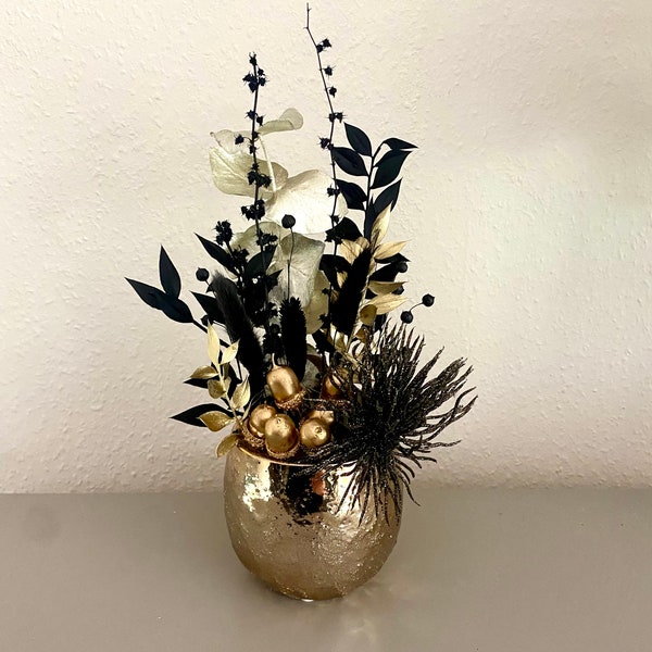 Blumengesteck "Harmonie" gold-schwarz, Trockenblumen, Tischdekoration, Geschenk