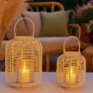Boho Lantern White, Rattan Lantern - Garden Decoration Boho Style - Lantern with Glass - Gift Garden - Weatherproof - 2 Sizes