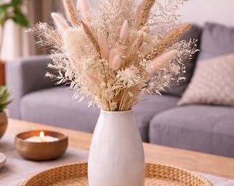 Trockenblumenstrauß natur beige, Boho Tischdeko Wohnzimmer, Pampasgras Deko modern, getrocknete Blumen, Geschenkidee Trockenblumen