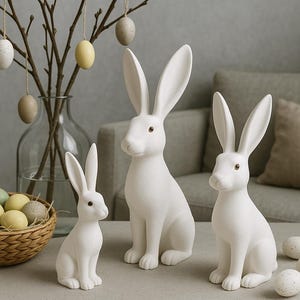 Figura decorativa a forma di coniglietto pasquale bianco floccato, coniglio dalle orecchie lunghe in stile naturale, tre misure tra cui scegliere, moderna decorazione primaverile - idea regalo di Pasqua