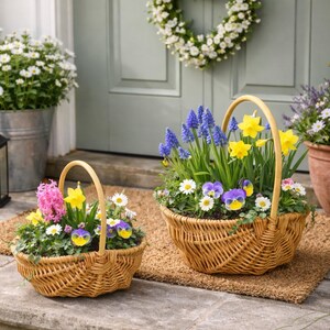 Cesto da fiori in vimini con manico, cesto per fiori, cesto con rivestimento in lamina, cesto da fiori in vimini, decorazione per balcone, cesto naturale disponibile in 2 misure
