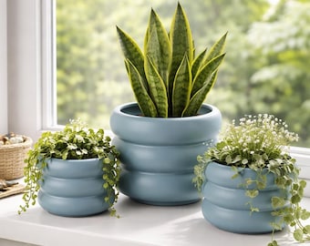Keramik Blumentopf modern, Übertopf gewellt grau blau matt, Pflanztopf 3 Größen, minimalistische Deko, Geschenkidee Wohnzimmer