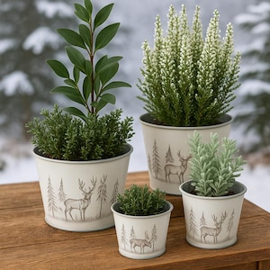 Zinc pot with deer, winter decoration metal pot, Christmas flower pot, decorative pot zinc white, zinc pots with motif, metal pot in winter style