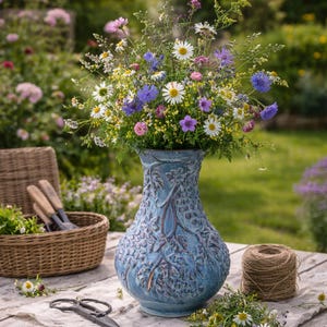 Könnte beinhalten: Eine blaue Keramikvase mit einem bunten Strauß Wildblumen, darunter Gänseblümchen und lila Blüten, steht auf einem verwitterten Holztisch. Ein Korb mit Gartengeräten, Schere und Bindfaden sind ebenfalls vorhanden, was auf ein Gartenthema hindeutet.