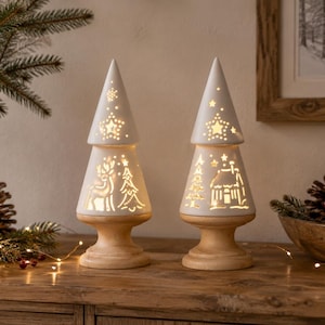 Keramische/houten kerstboom met LED's, kerstversiering met LED's, keramische kerstboom, winterdecoratie – decoratieve kerstboom met herten of winterhuisje – cadeau-idee