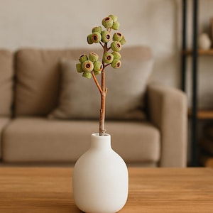 Könnte beinhalten: Eine weiße Keramikvase mit einem Zweig Eukalyptus mit grünen Samenkapseln. Die Vase steht auf einem Holztisch, im Hintergrund ein beiges Sofa. Die Szene strahlt Ruhe und Natürlichkeit aus, passend für die Inneneinrichtung.