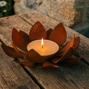 Rust candle holder - Lotus flower candle bowl - Metal flame bowl holder - Garden torch - Autumn garden decoration - Gift idea