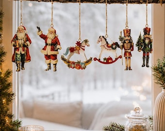 Metal Christmas tree ornaments, nostalgic Christmas tree decorations, Christmas pendants, printed on both sides, Santa Claus, nutcracker, rocking horse - set of 2
