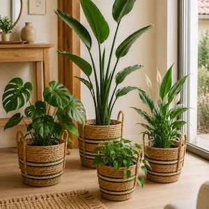 Op de afbeelding: Een set van vier gevlochten zeegrasmanden met twee handvatten aan de zijkant en horizontale donkergroene strepen. Elke mand bevat een groene kamerplant, waaronder een grote paradijsvogelplant, een monstera, een lepelplant en een kleine plant.