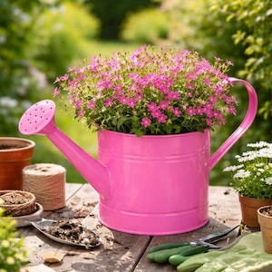 Op de afbeelding: Een felroze gieter, gebruikt als bloempot, gevuld met roze bloemen. De scène toont tuingereedschap, potten en groen op een houten tafel, wat een charmante tuinscène creëert. De scène speelt zich buiten af.