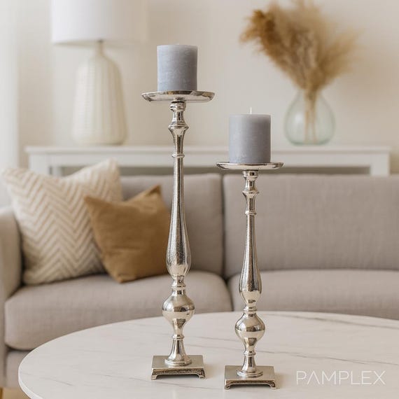 Bodenleuchter silber Metall - großer Kerzenständer für Stumpenkerzen - elegante Deko Wohnzimmer - Geschenkidee modern - 2 Größen