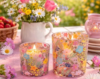 Tealight holder with colorful flowers, glass lantern for spring table decoration, flower lantern in two sizes - gift idea for the garden