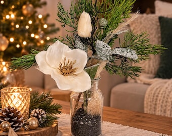 Piccolo bouquet di fiori artificiali con vaso di vetro, decorazione natalizia per la tavola, fiori di Natale, piccola decorazione natalizia, decorazione dell'Avvento, idea regalo