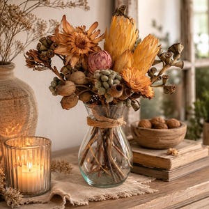 Könnte beinhalten: Eine klare Glasvase, die mit einer Schnur umwickelt ist, enthält ein Trockenblumenarrangement mit orangefarbenen Proteen, braunen Samenkapseln und gedämpften grünen Beeren. Die Stiele sind durch das Glas sichtbar und der Strauß zeigt eine Vielfalt an Texturen.