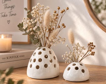 Vaso in ceramica bianca con fori, per fiori secchi, vaso per fiori secchi, vaso per fiori, decorazione da tavola, decorazione per la casa – 2 misure
