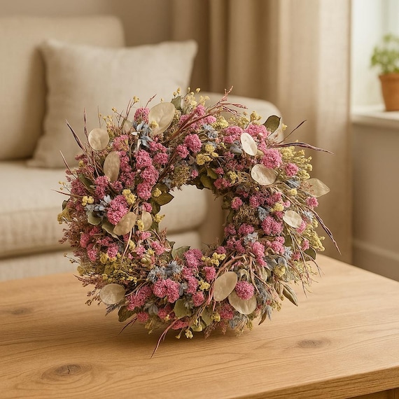 Trockenblumenkranz, Tischkranz getrocknet Vintage Stil– Hortensienkranz – Trockenblumen Deko - Tischdeko - Geschenkidee Weihnachten