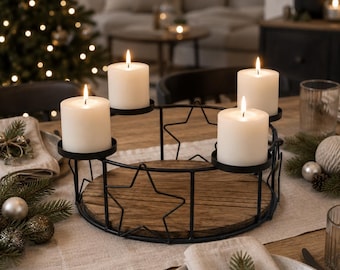 Adventskranz Metall Schwarz mit Holzboden, Adventskerzenhalter für 4 Stumpenkerzen, Tischkranz Weihnachten - Geschenkidee