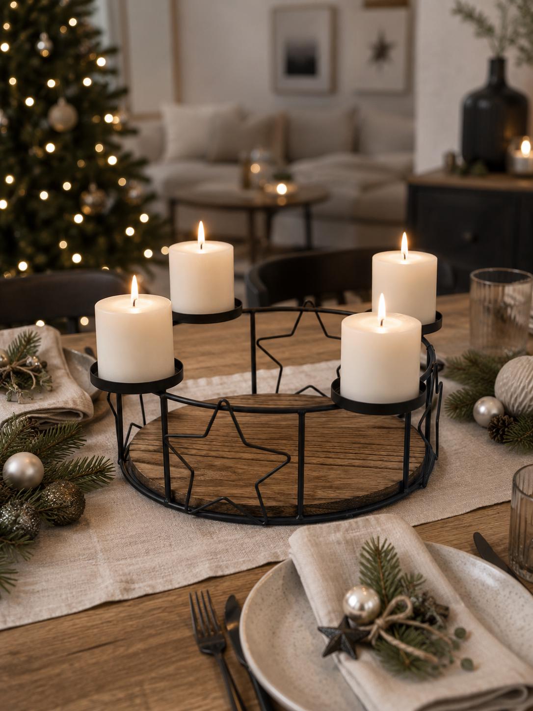 Metal Advent Wreath, Black With Wooden Base, Advent Candle Holder for 4 Pillar Candles, Christmas Table Wreath - Gift Idea