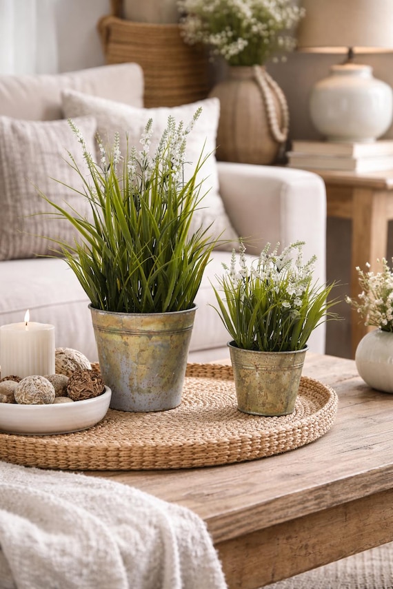 Lavendel künstlich weiß im Zinktopf, Deko Lavendel mit Gras, Landhaus Deko, Tischdeko, Balkon Deko, Geschenkidee - 2 Größen