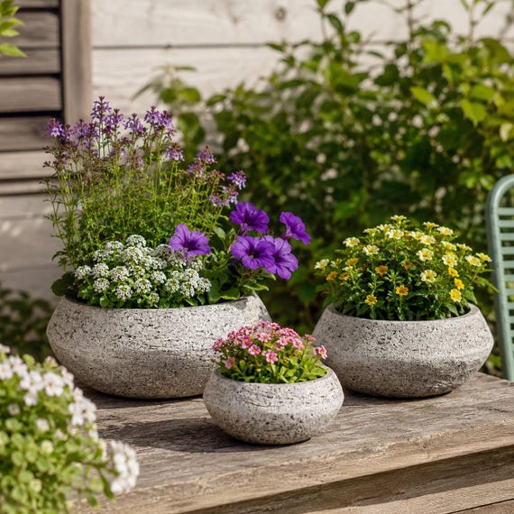 Pflanzschale Keramik Rustikal, Grabschale, Grabdeko bepflanzbar, Gartendeko, Blumentopf, Pflanzgefäß rund - Geschenkidee - 3 Größen