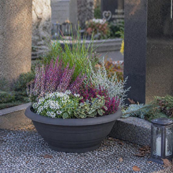 Pflanzschale Kunststoff rund grau, Blumentopf Garten, Pflanzschale groß klein, Gartendeko Schale, Pflanzgefäß zum Bepflanzen - 7 Größen
