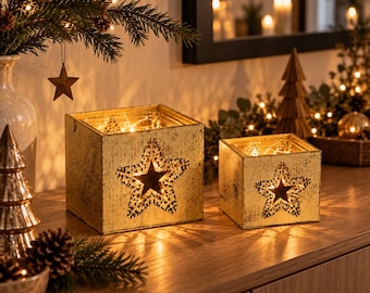 Wooden lantern with gold star, Christmas tealight holder, rustic Christmas decoration, wooden candle holder, Advent table decoration, gift idea