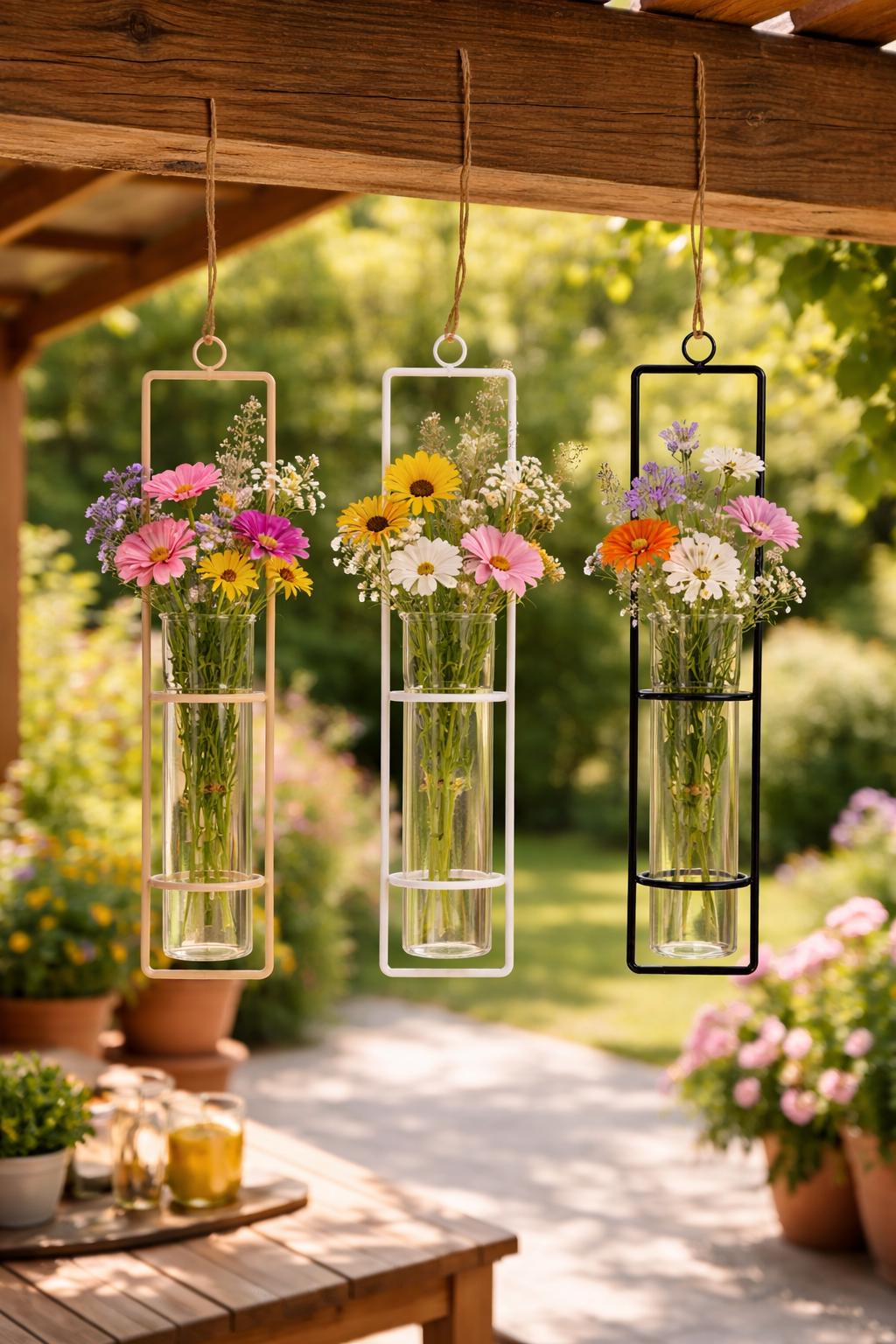 Hanging Glass Vase With Metal Frame, Wall Vase for Flowers, Patio