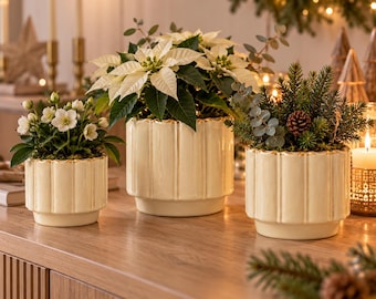 Vaso da fiori in ceramica color crema, forma ondulata – fioriera per piante da interno – 3 misure – decorazione vintage per la casa – idea regalo