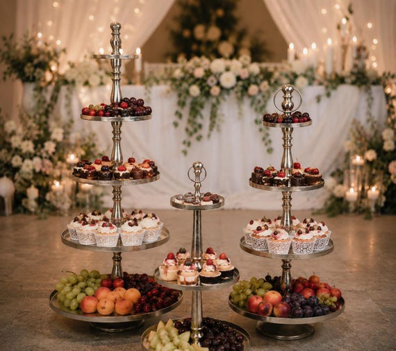 Silver Metal Tiered Serving Stand, Decorative Tiered Serving Stand, Cake Stand, Candy Bar, Wedding Decoration, Table Decoration Gift Idea - 3 Sizes