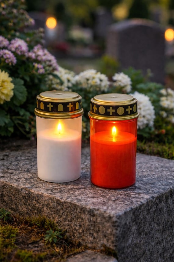 LED Grablicht, Grabkerze Flammeneffekt weiß oder rot - elektrische Grabkerze wetterfest - Friedhof Deko Kerze