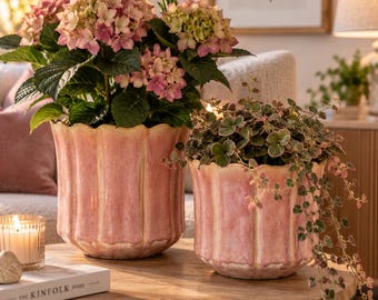 Vaso da fiori rosa, fioriera in ceramica, vaso per piante con bordo ondulato, vaso in ceramica con smalto reattivo, fioriera – decorazione per davanzale – 4 misure