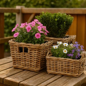 May include: Three woven wicker baskets filled with plants sit on a wooden table. The baskets contain pink flowers, green foliage, and white and purple flowers. The baskets are rectangular with a square opening on the side.
