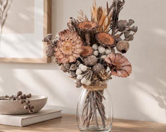 Ramo de flores secas, decoración de invierno con jarrón de cristal, decoración de mesa navideña, ramo rústico exótico, flores secas de invierno: idea de regalo.