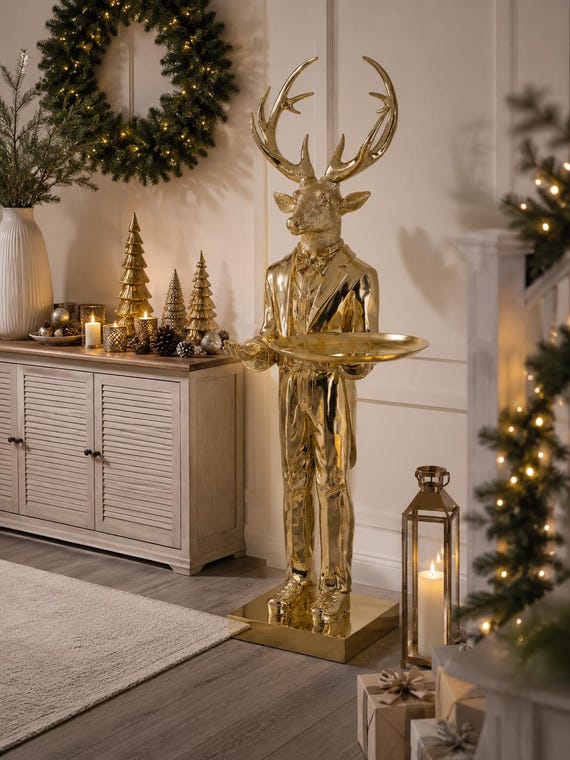 Goldener Hirsch Butler mit Tablett, elegante Weihnachtsdeko Figur 97 cm – Deko Hirsch Gold Eingangsbereich - Geschenkidee Weihnachten