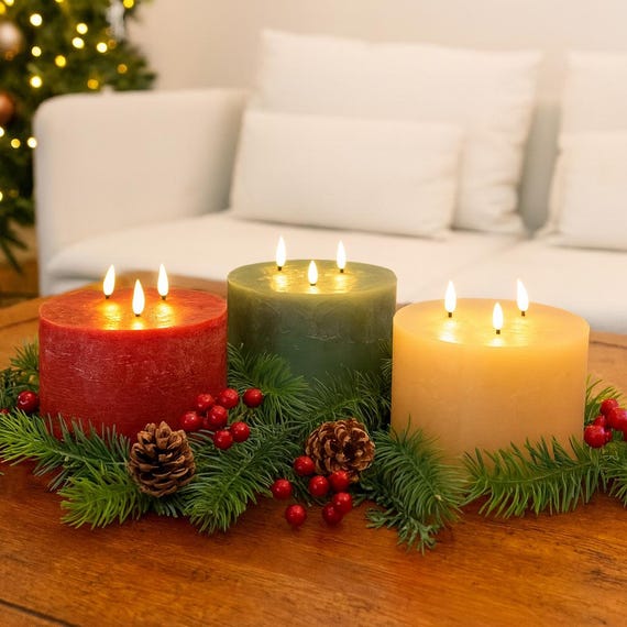 LED Kerze Timer, 3 Docht, Echtwachs Kerze - Flammlose Kerze - Tischdeko Hochzeit, Weihnachten - batteriebetrieben - Geschenkidee