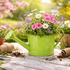 Op de afbeelding: Een levendige tuinscène met een groene gieter gevuld met roze en witte bloemen. Andere bloempotten, tuingereedschap en touw zijn gerangschikt op een houten oppervlak, wat een tuin thema suggereert.